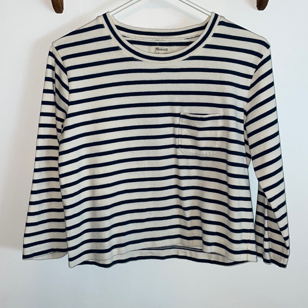Madewell Women Size XXS Pocket 3/4 sleeve white and navy striped shirt
